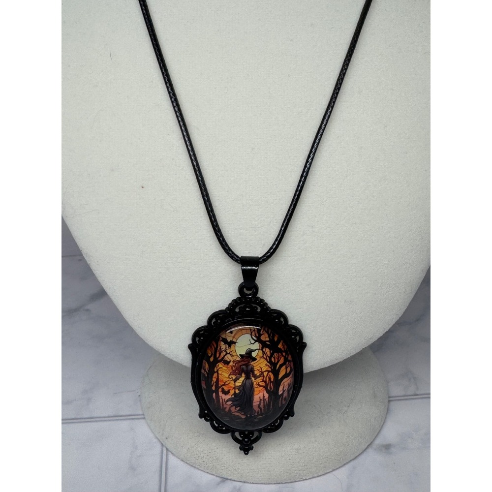 Witch Haunted Forest Moon Cameo Necklace Black Gothic Halloween Pendant NEW